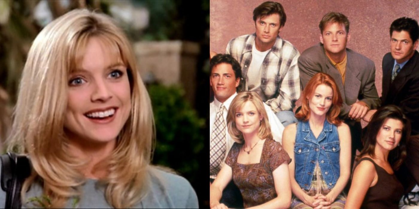 Split image of Alison smiling and the cast of Melrose Place
