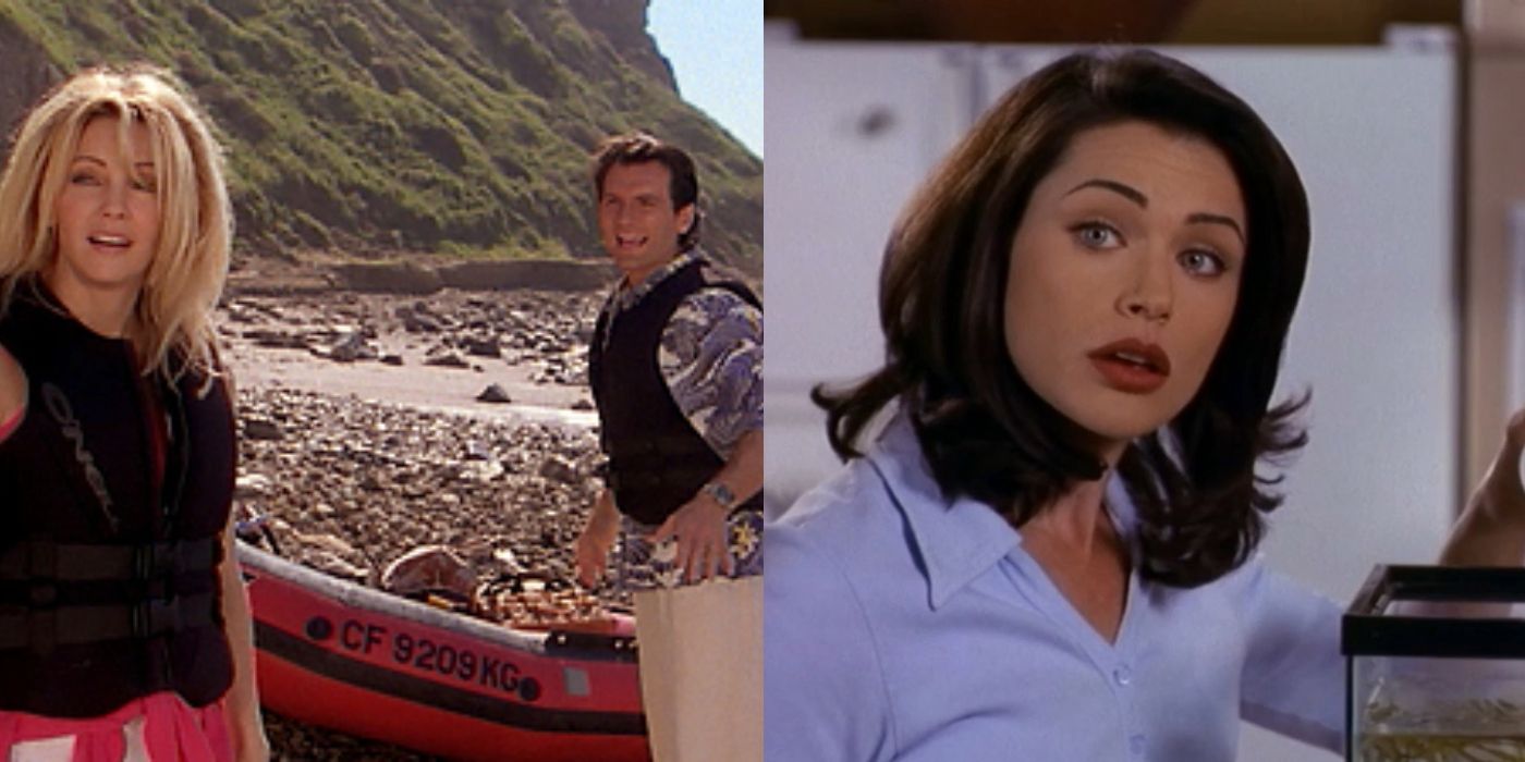 Split image of Amanda and Peter on the beach and Lexi looking confused on Melrose Place