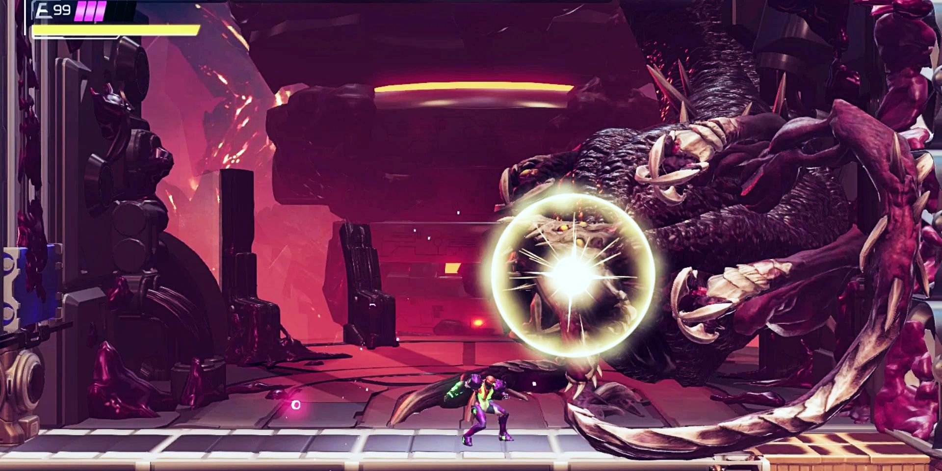 A warrior battles a monster in Metroid Dread 