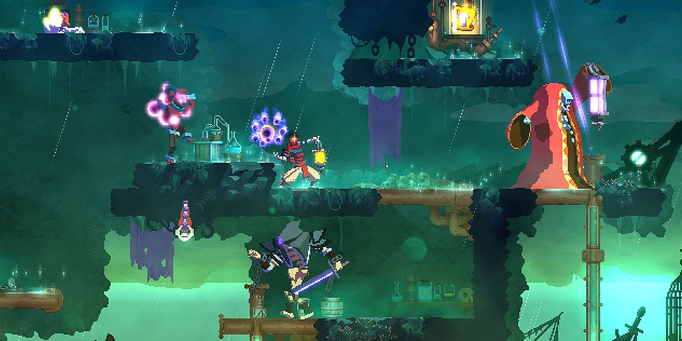 A shot of the dead main character attacking a robed monster in Dead Cells.