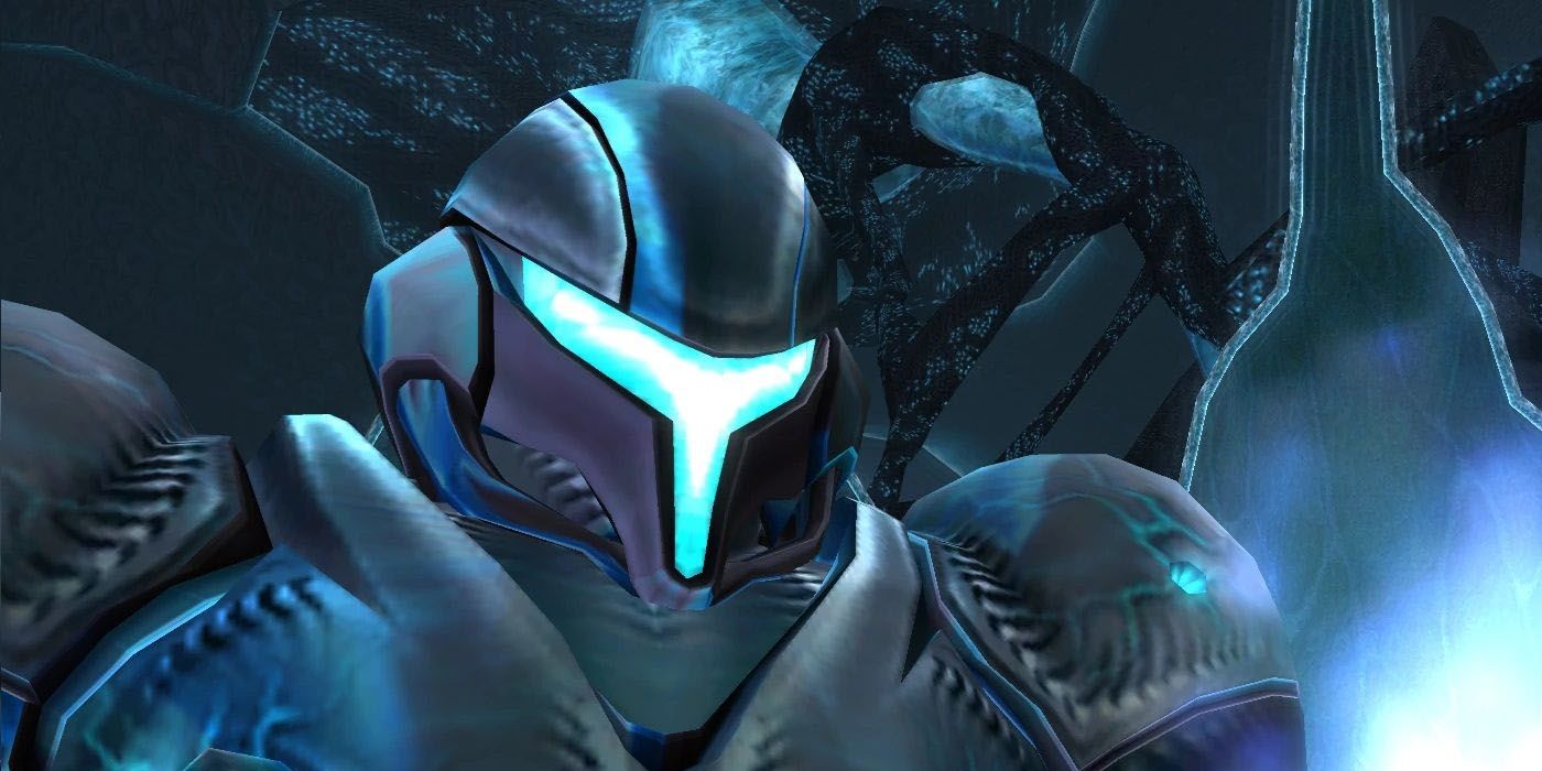 Metroid Prime 3 Dark Samus looms over Samus with a ghastly blue.