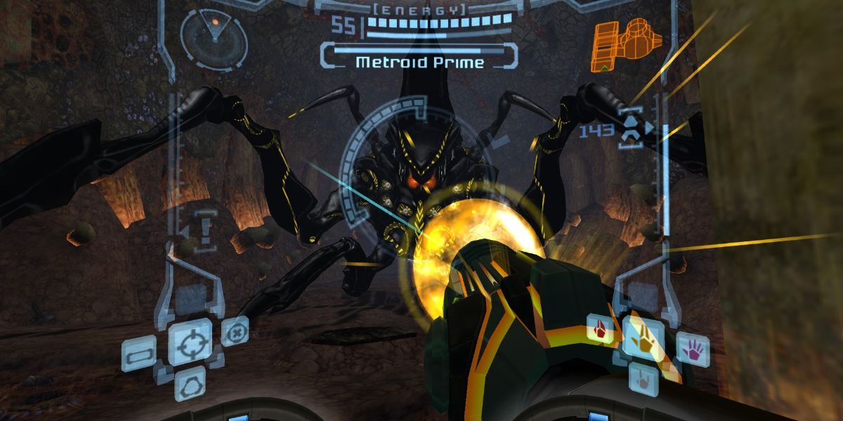A boss battle in Metroid Prime.