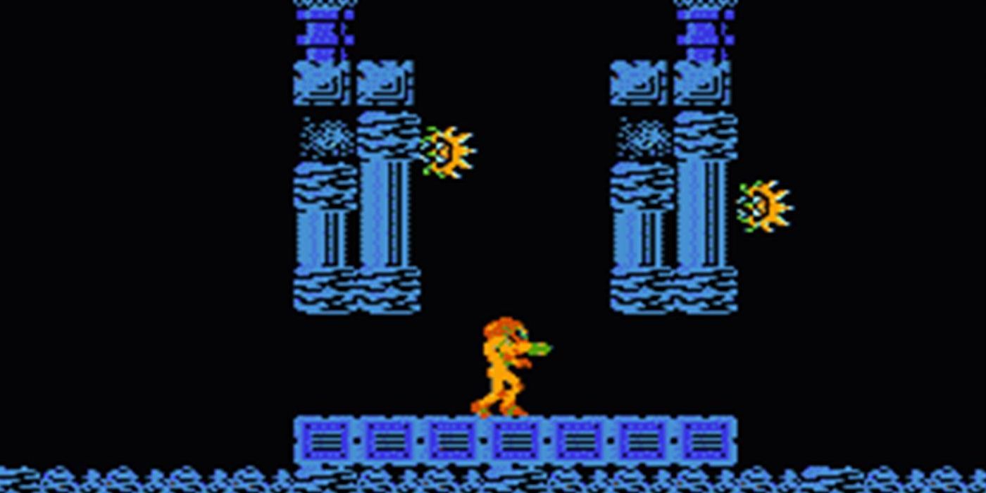 Samus stands between two upraised walls in the original Metroid game on the NES.