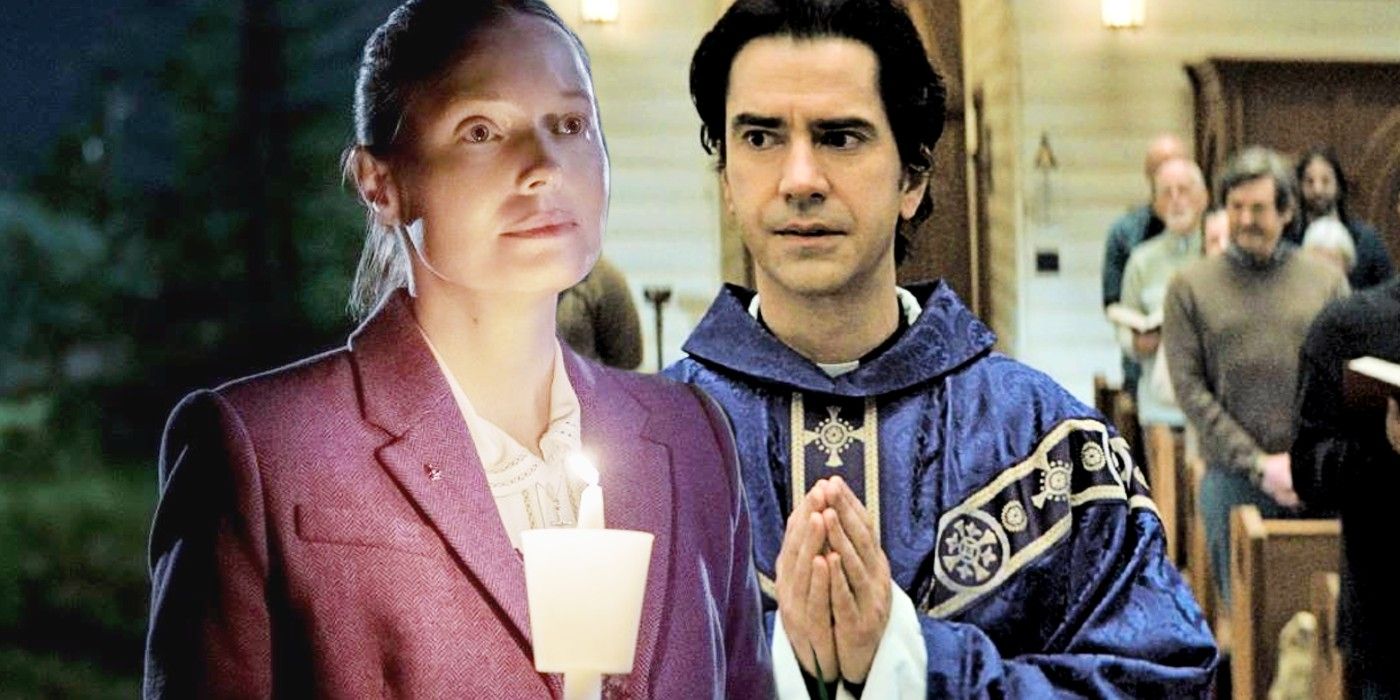 Bev holding a candle in Midnight Mass overtop image of Paul in his robes in Midnight Mass