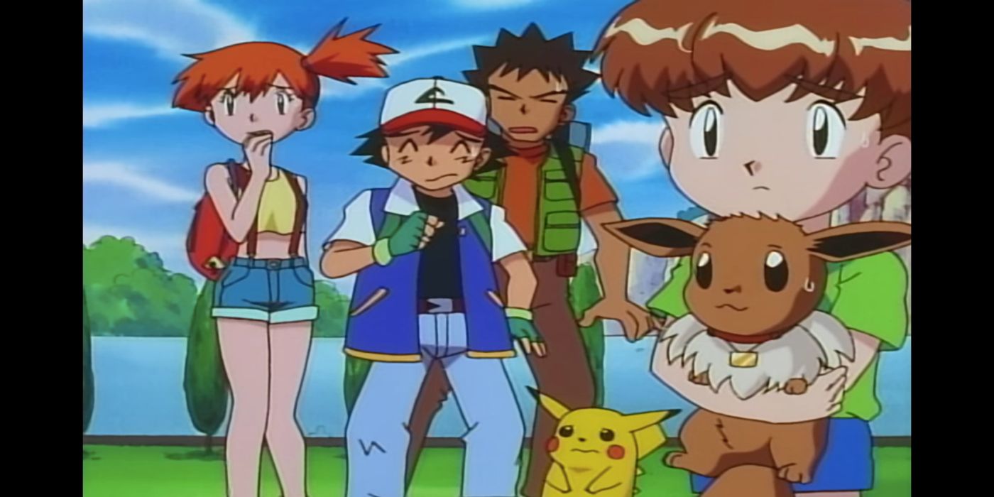 Mikey and Eevee in front of Ash, Brock, and Misty in Pokemon