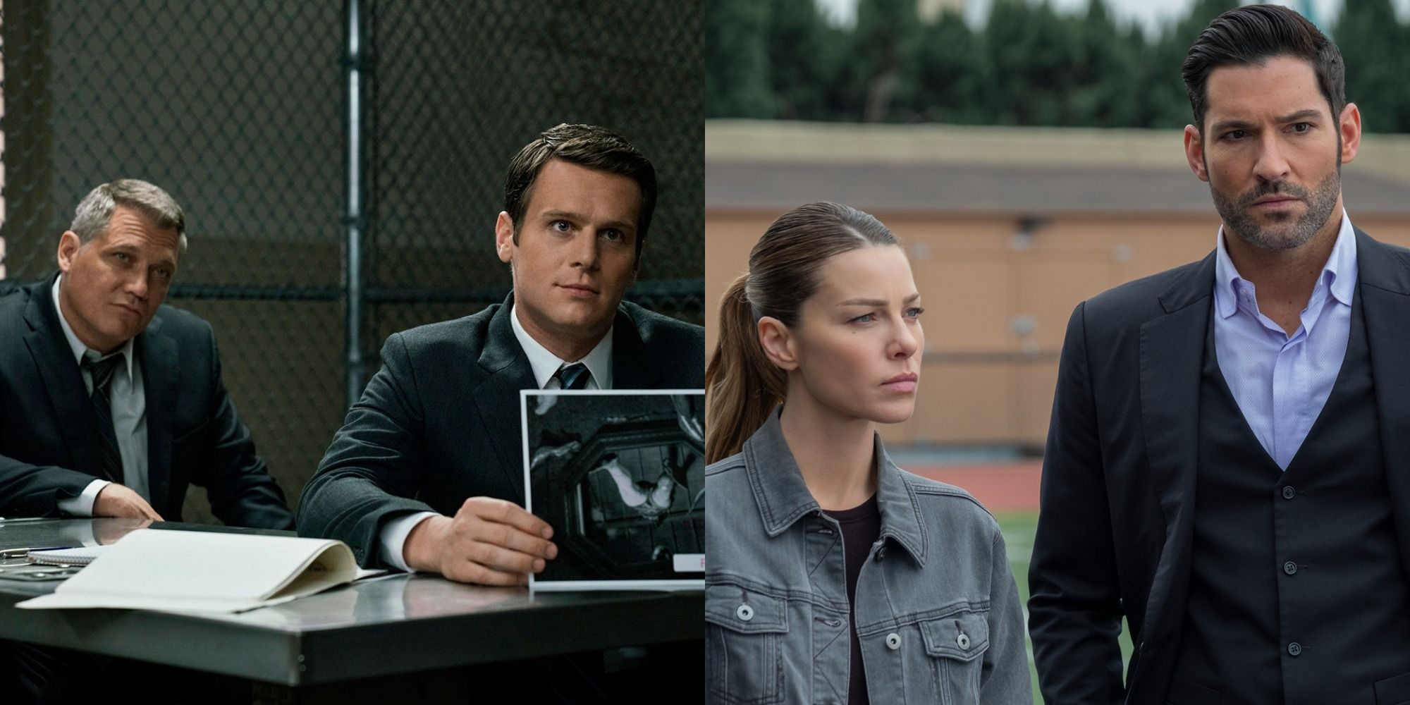 Split image showing scenes from the shows Mindhunter and Lucifer