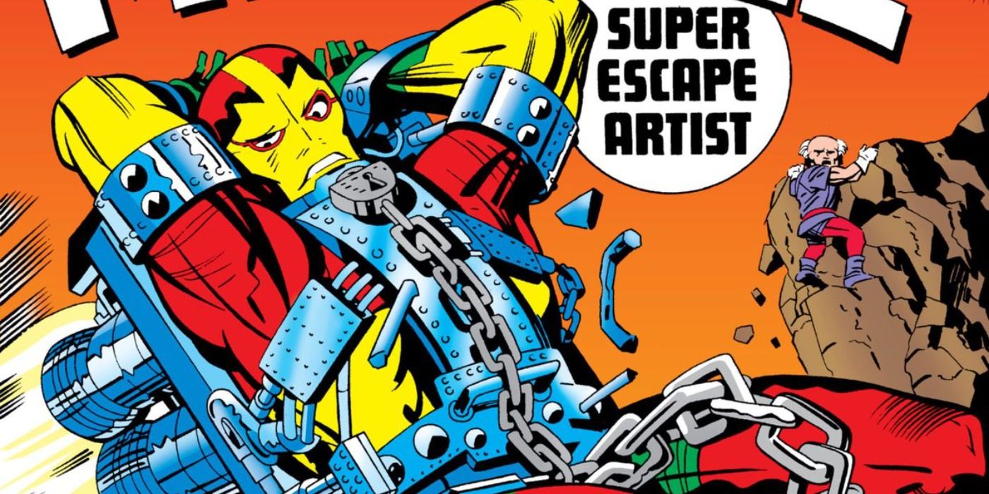 Mister Miracle tries to escape his chains in DC Comics.