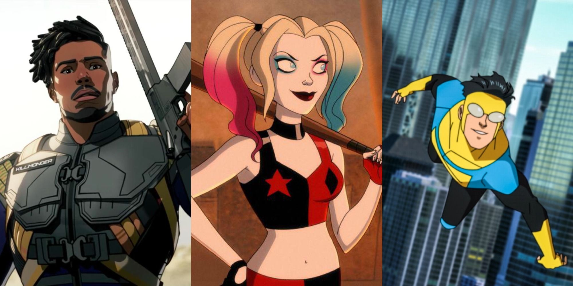 Split image of Killmonger in What If, Harley Quinn in her animated show, and Mark from Invincible