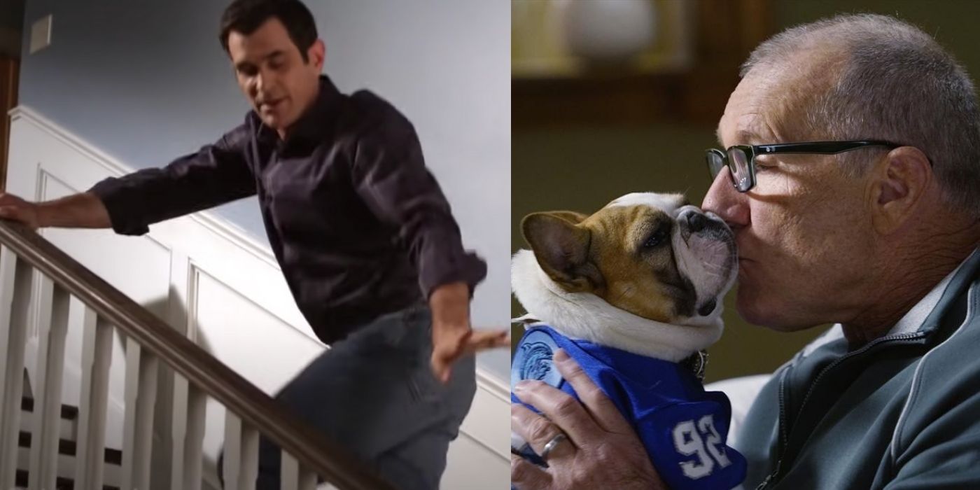 Split Image: Phil falling up the stairs and Jay kissing Stella in Modern Family
