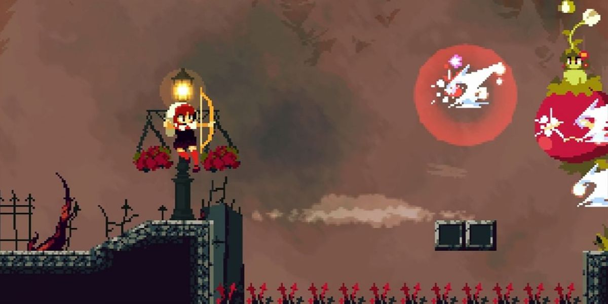 A girl wields a bow and arrow to battle monsters inMomodora: Reverie Under the Moonlight.