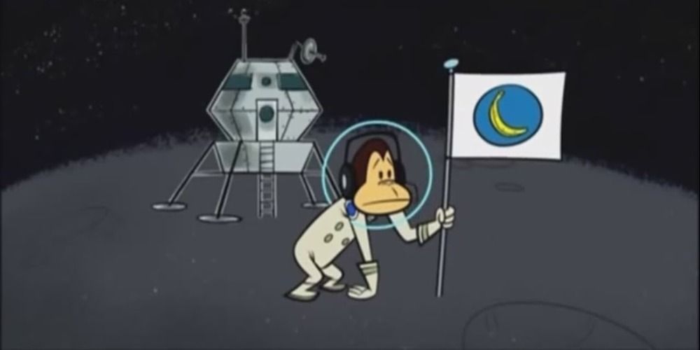 Monkey in space with a banana flag on Ricky Gervais Show