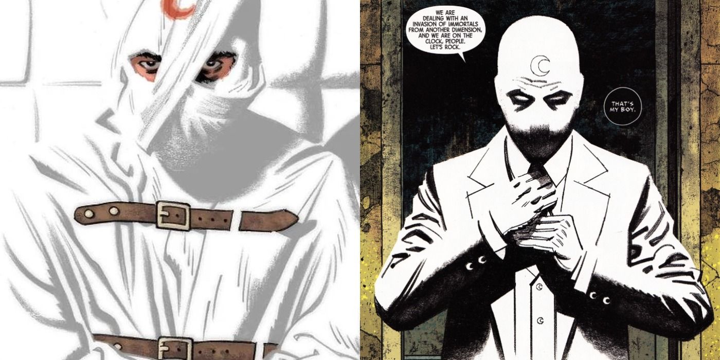 Split image of Marc in a Moon Knight-themed straight jacket and suiting back up as Mr. Knight