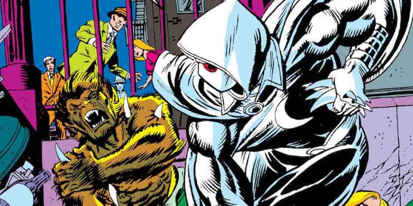 Moon Knight fighting Werewolf by Night in his first Marvel Comics appearance.