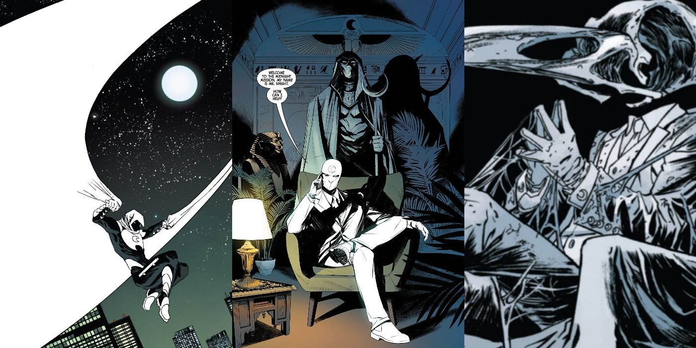 Split image of Moon Knight and Khonshu in Marvel's comics.