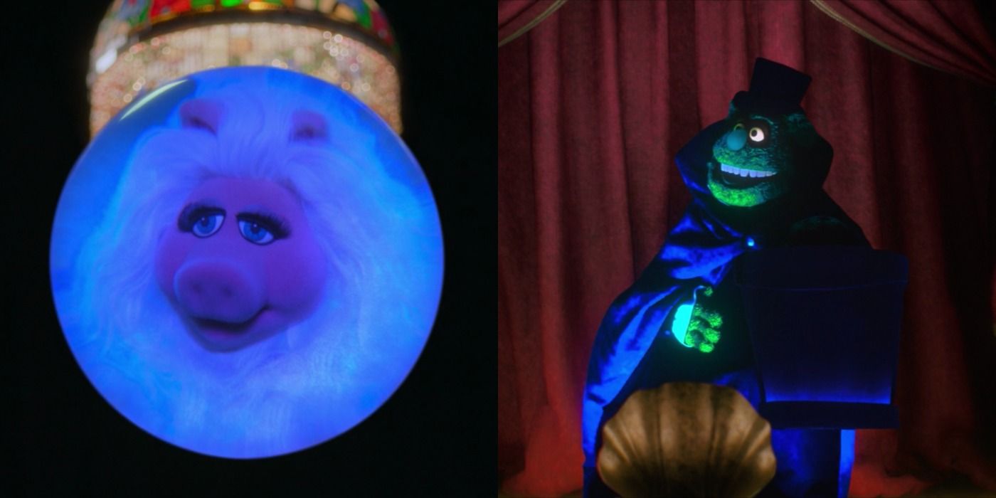 Split image of Miss Piggy and Fozzie Bear in Muppets Haunted Mansion