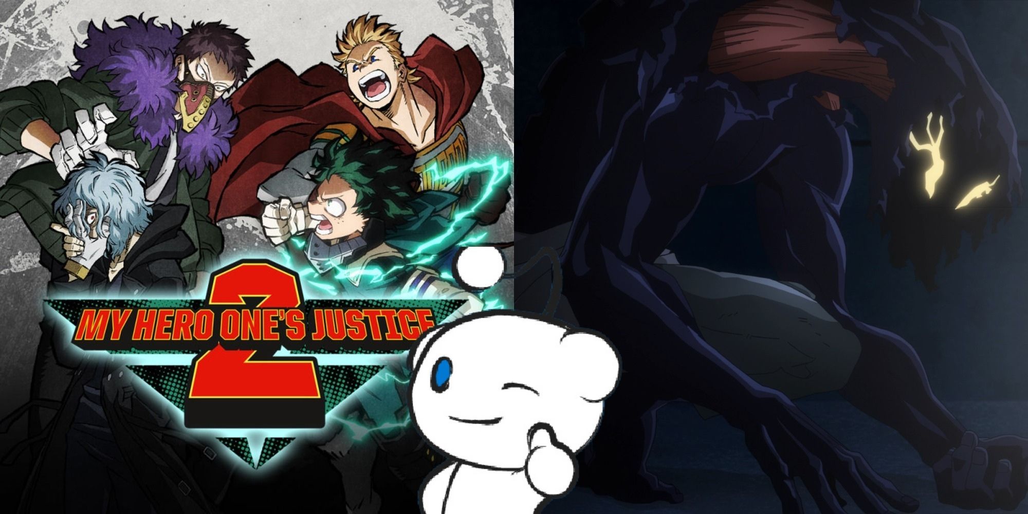 Split image showing the cover for My Hero One's Justice 2 and Hood, and Snoo from Reddit