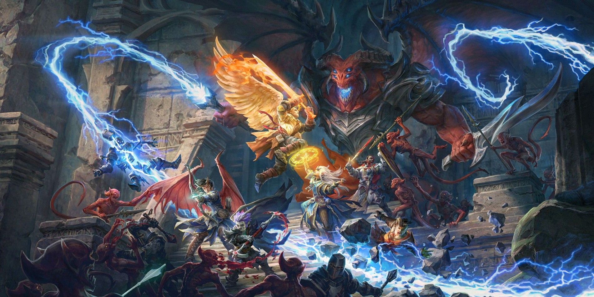 dragão pathfinder enfrenta jogadores com arcos, magia e outras armas