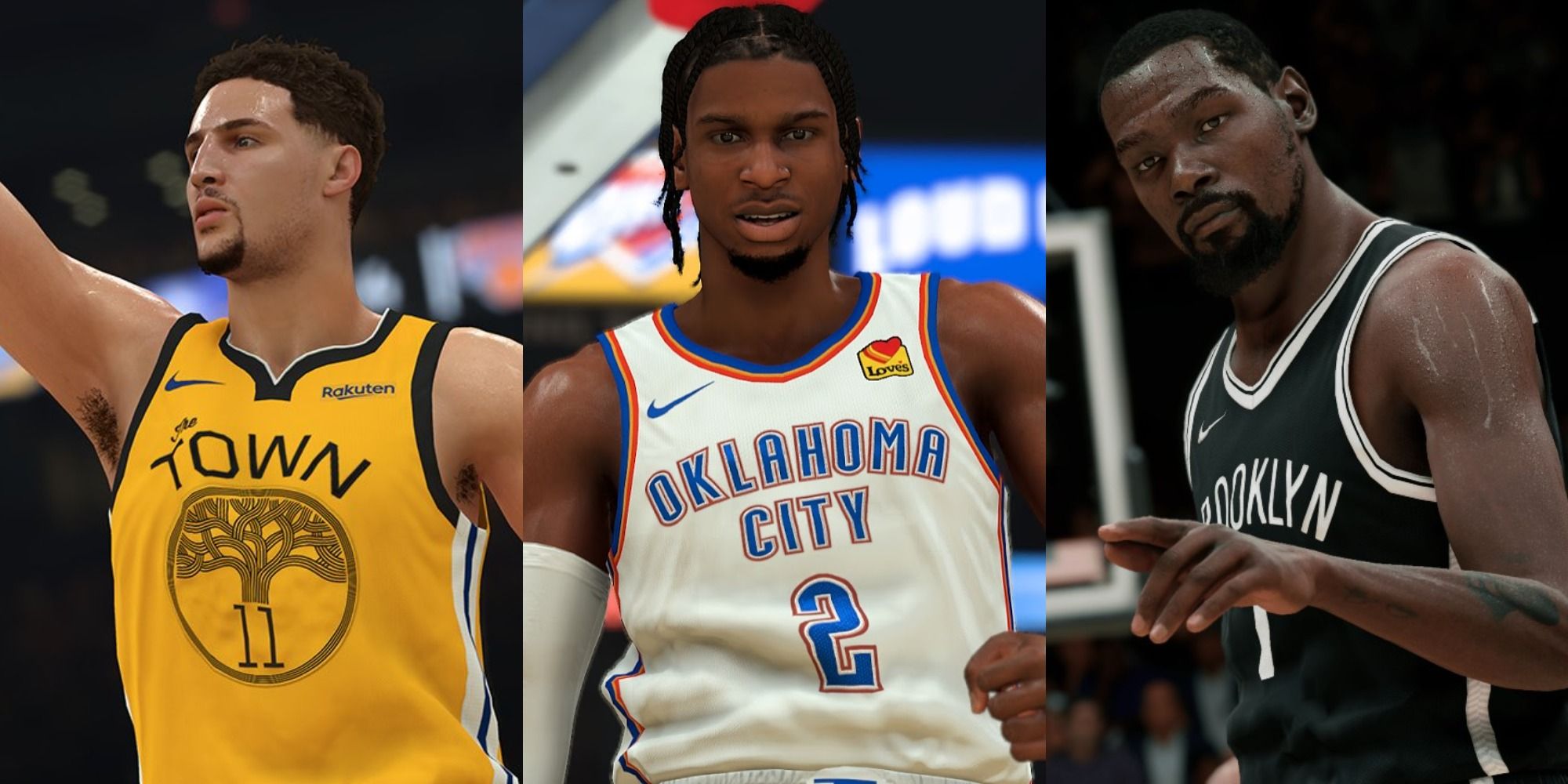 Split image of Klay Thompson, Shai Gilgeous-Alexander and Kevin Durant in NBA 2K22