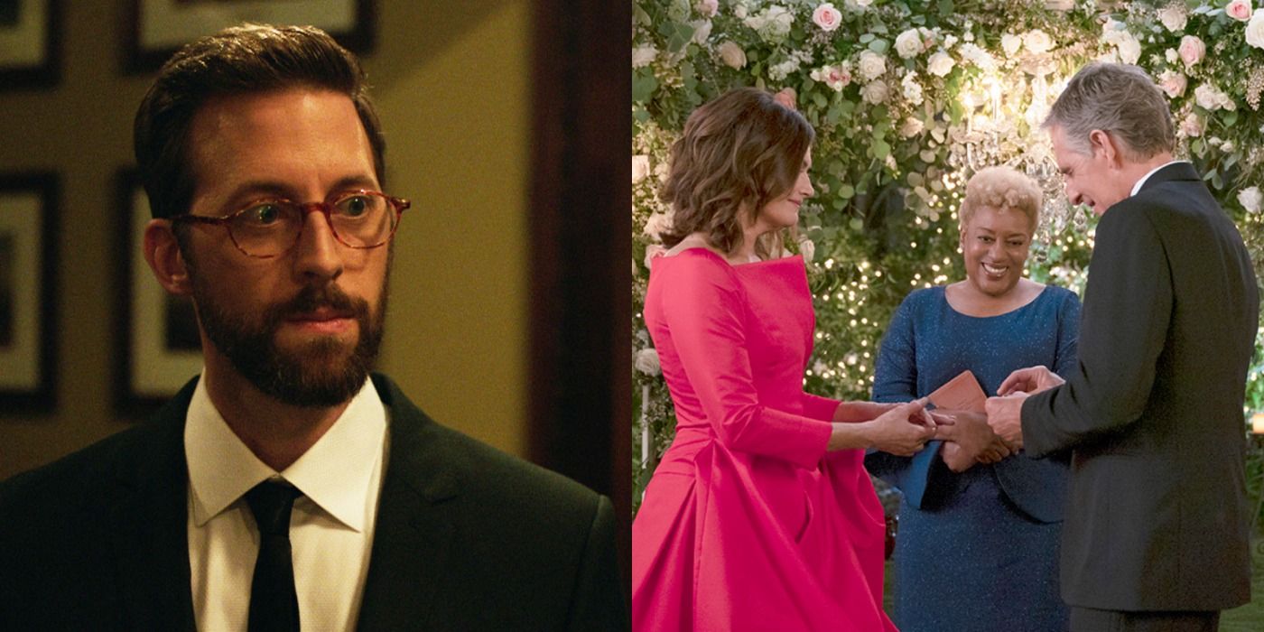A split image depicts Sebastian in a suit and Rita and Dwayne getting married by Loretta in NCIS New Orleans
