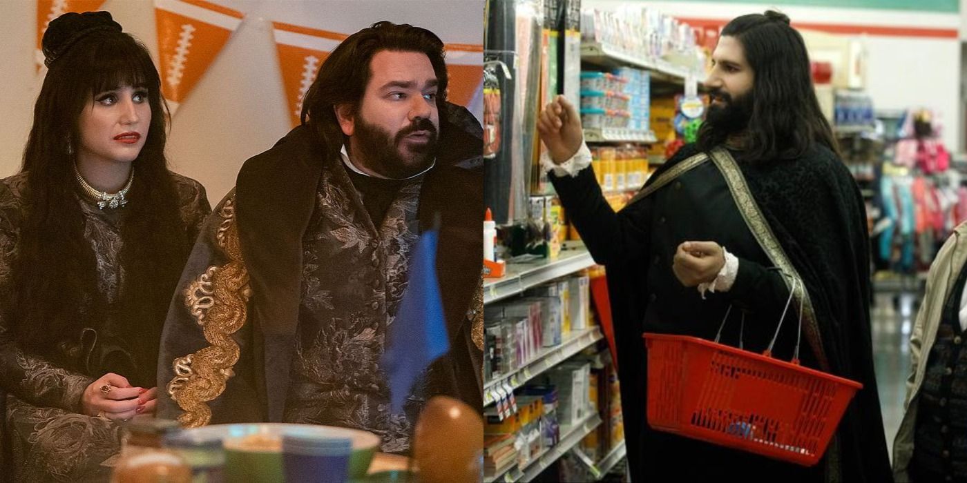 A split image of Nadja and Laszlo sitting on a couch, and Nandor shopping in a store in What We Do In The Shadows.