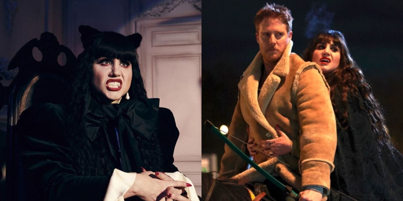 A split image of Nadja showing her fangs and Nadja and Gregor on a horse in What We Do In The Shadows.