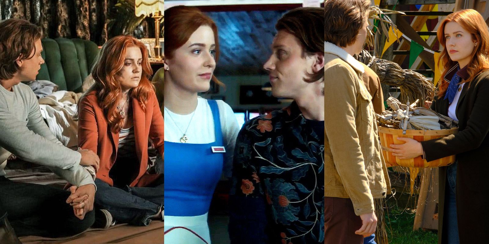 Split image of Ace and Nancy holding hands, looking at each other, and at the fall festival in Nancy Drew.