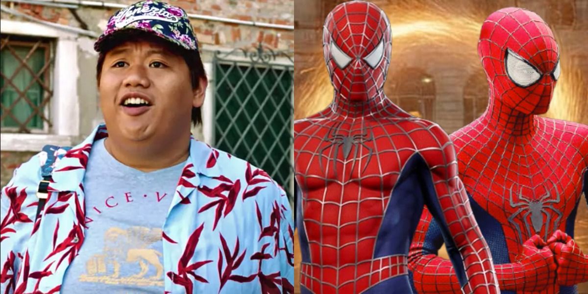 Ned Leeds and the Maguire and Garfield Spider-Men in front of a Doctor Strange portal