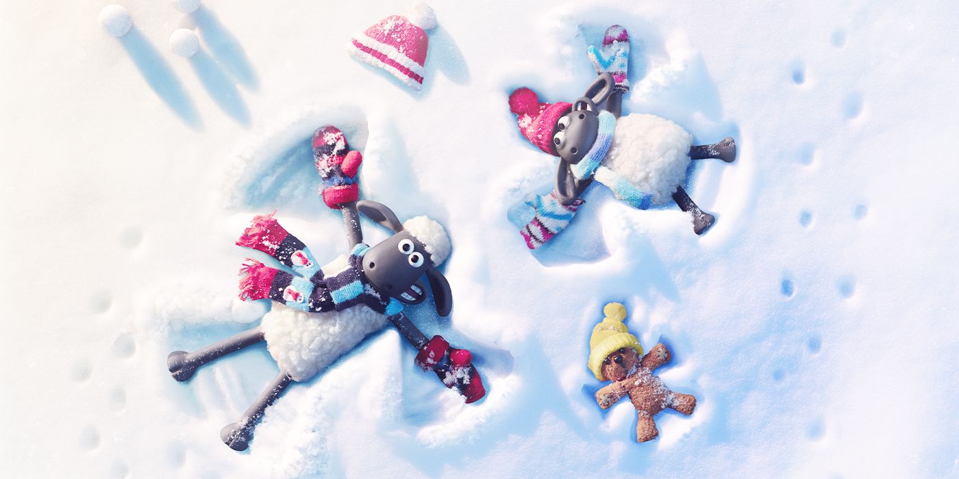 Shaun makes snow angels in Shaun the Sheep The Flight Before Christmas 