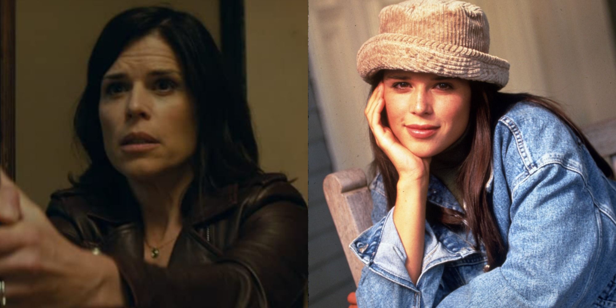Two side by side images of Neve Campbell in Scream and Party of Five