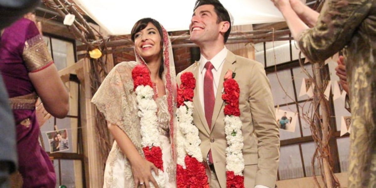 Cece and Schmidt smiling on their wedding day in New Girl