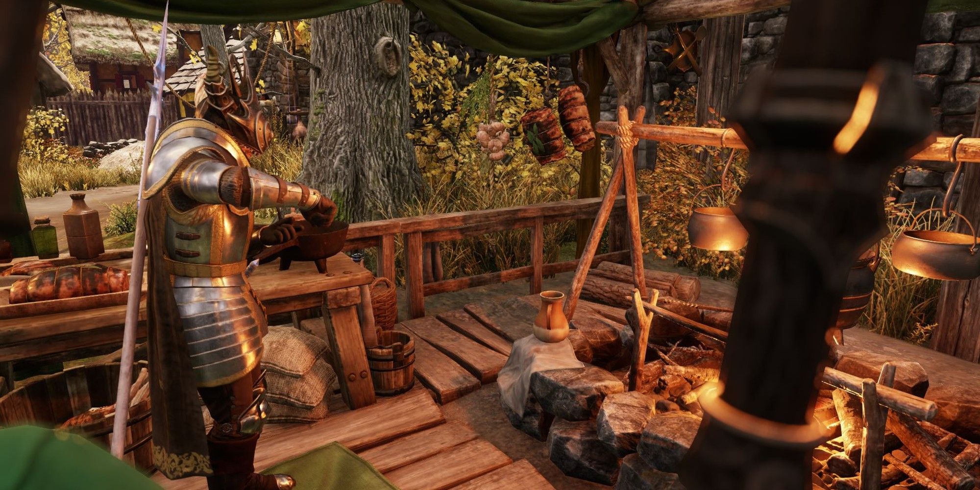 A player cooks food in New World
