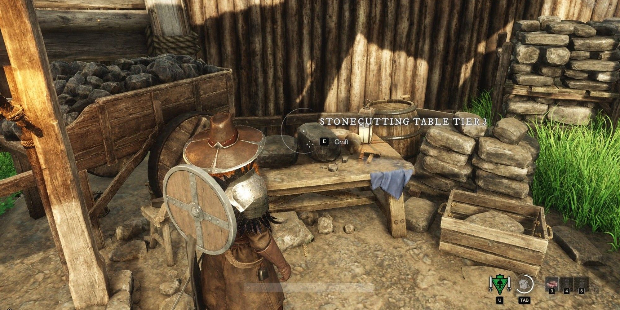 A player uses a Stonecutting table in a settlement in New World