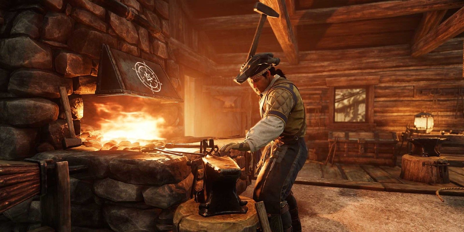 A player practices the Blacksmithing Crafting trade skill in New World