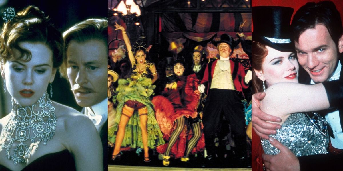 The Duke (Richard Roxbury) embraing Satine (Nicole Kidman) beside an image of Ziggler (Jim Broadbent) and the dancing girls next to an image of Satine and Christian (Ewan Mcgregor) in Moulin Rouge