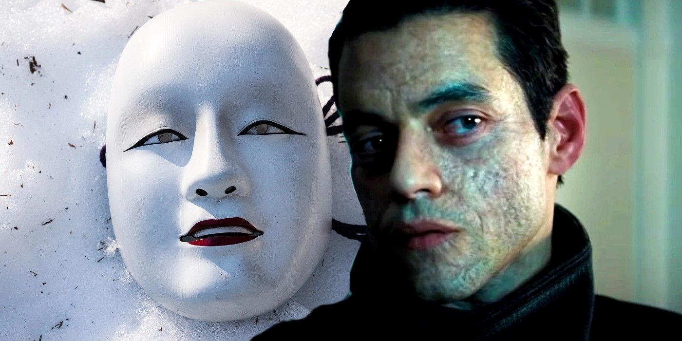 Superimposed image of an ivory mask &amp; Safin looking to the side in No Time to Die.