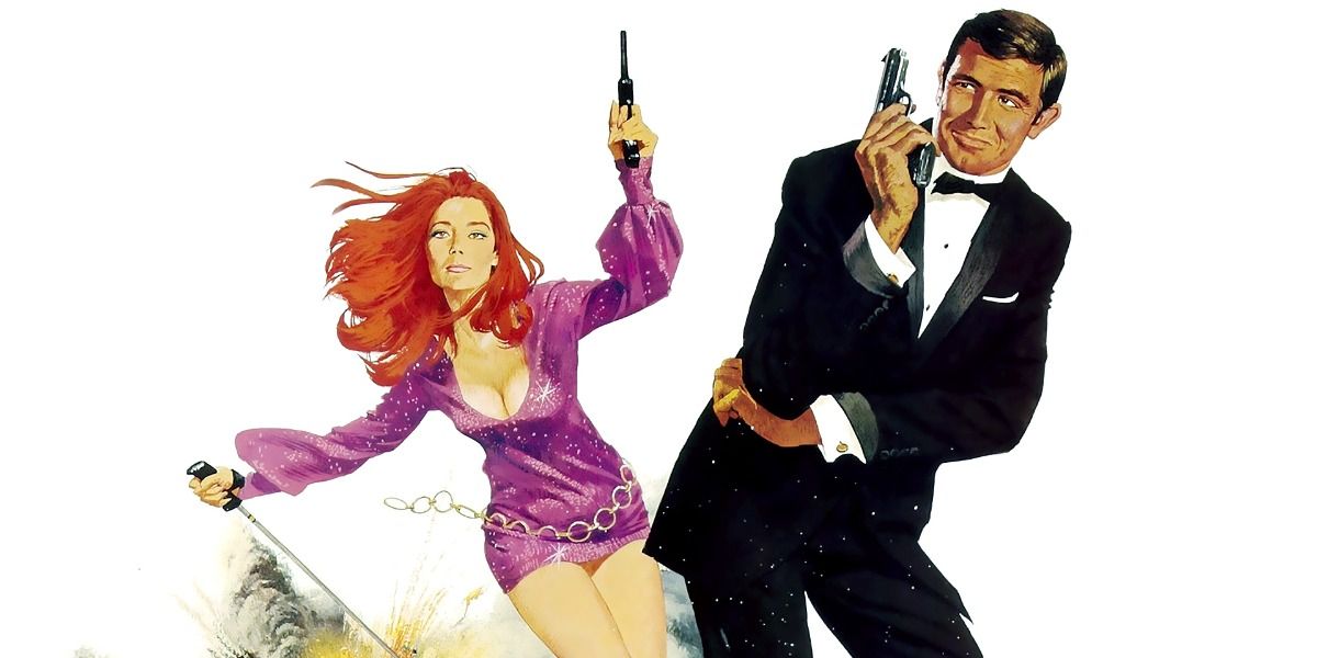 Bond and Tracy ski away from Blofeld's men on the poster of On Her Majesty's Secret Service.