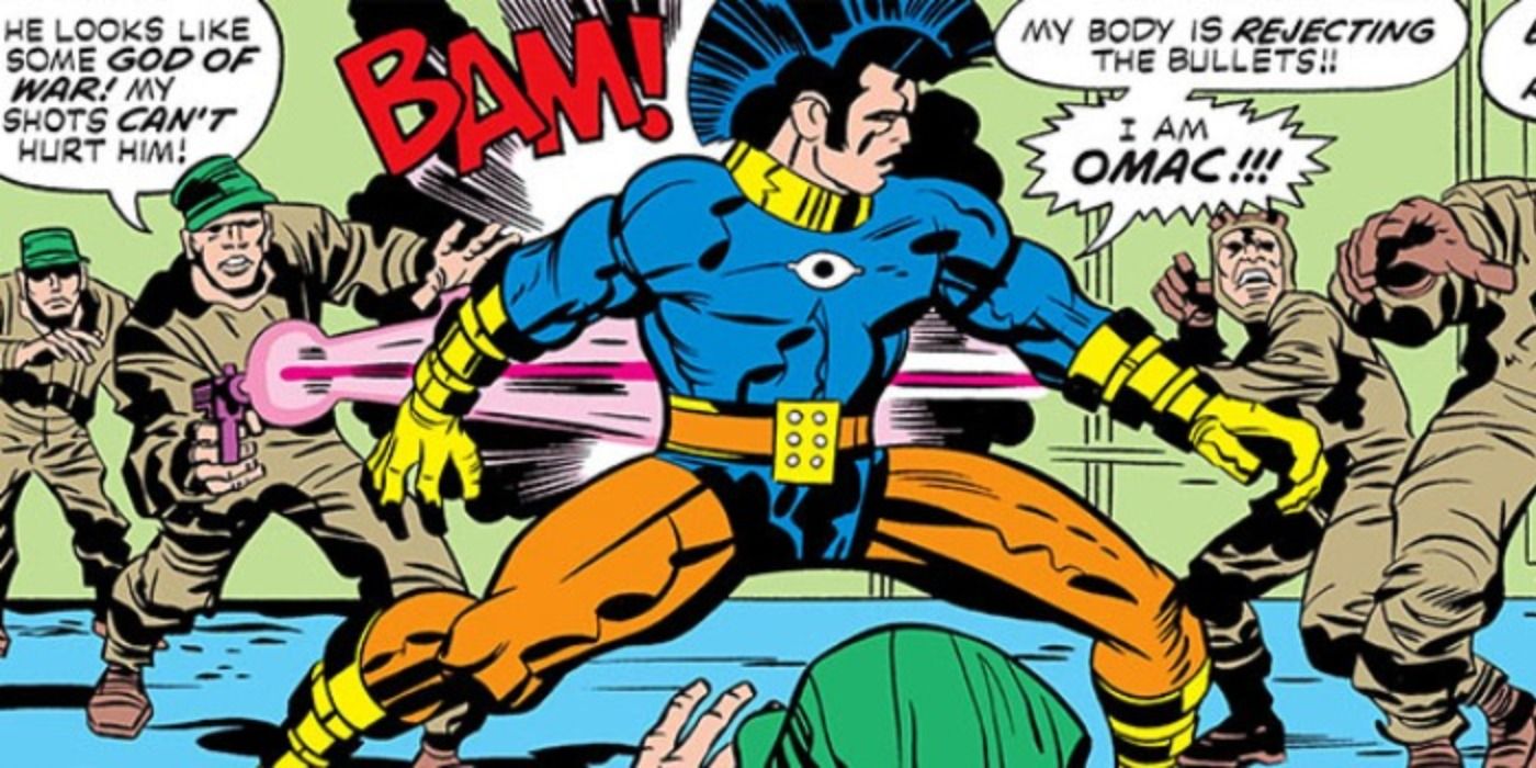 OMAC goes into battle in DC Comics.