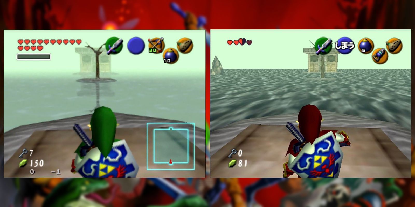 Screenshots comparing the N64 and Switch versions of Ocarina of Time