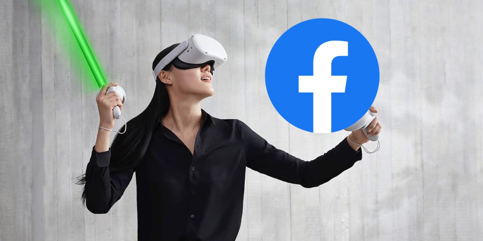 Oculus Quest User Swinging a Virtual Light Saber Toward Facebook Logo