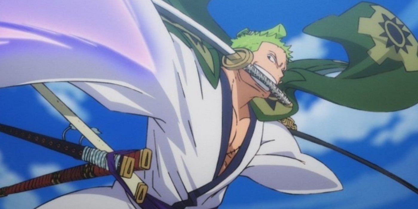 Roronoa Zoro jumping while holding a katana with his teeth