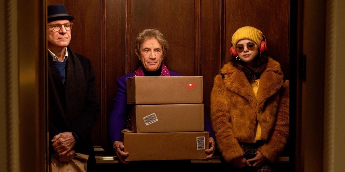Steve Martin, Martin Short, and Selena Gomez in the elevator together in Only Murders In The Building