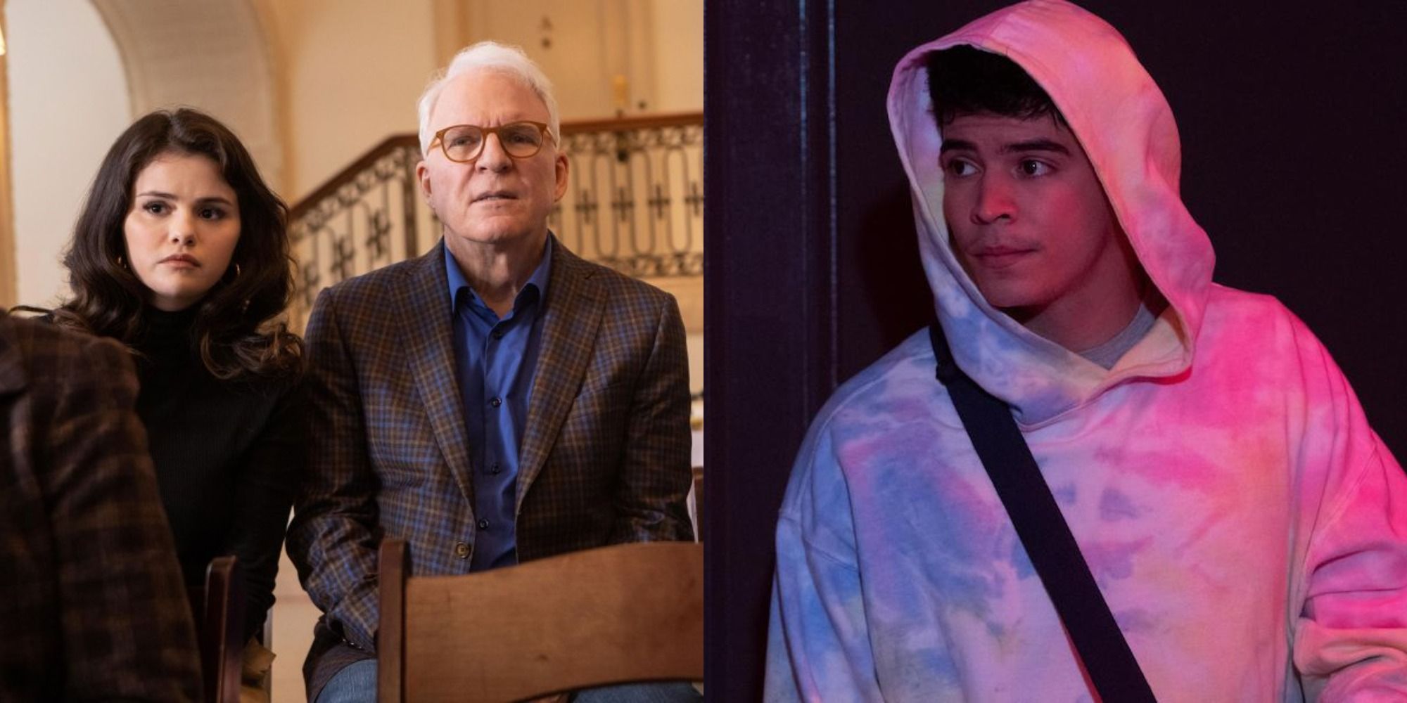 Split image showing Mabel and Charles at a meeting, and Oscar wearing the tie dye hoodie in Only Murders