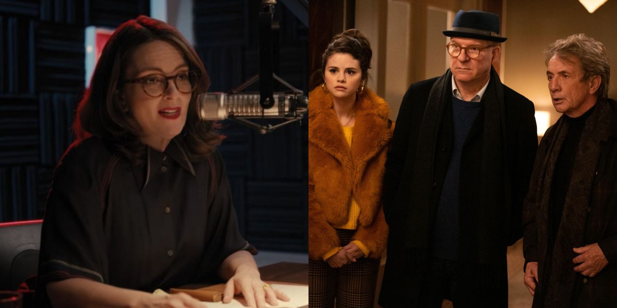 Two side by side images of Tina Fey and Selena Gomez, Martin Short and Steve Martin in Only Murders in the Building.