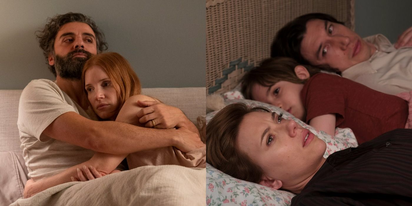 Split image of Oscar Isaac and Jessica Chastain in Scenes From a Marriage and Adam Driver and Scarlett Johansson in Marriage Story