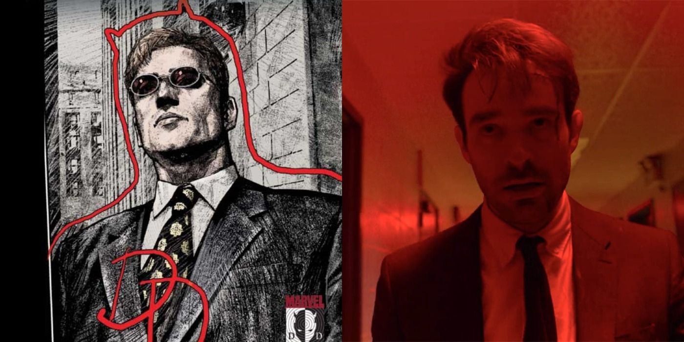 Split image of the cover art for Out and still from Daredevil season 3