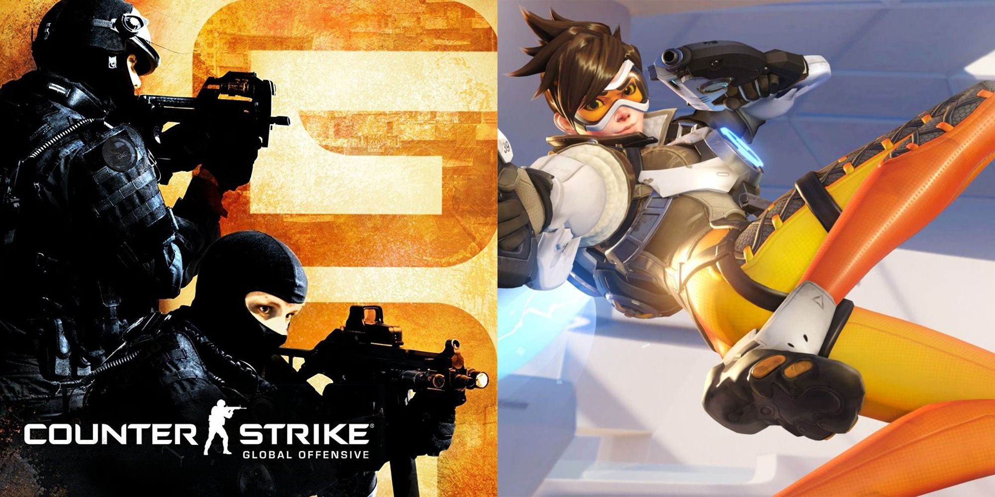 Split image of Counter Strike Global Offensive & a character kicking in the air in Overwatch.