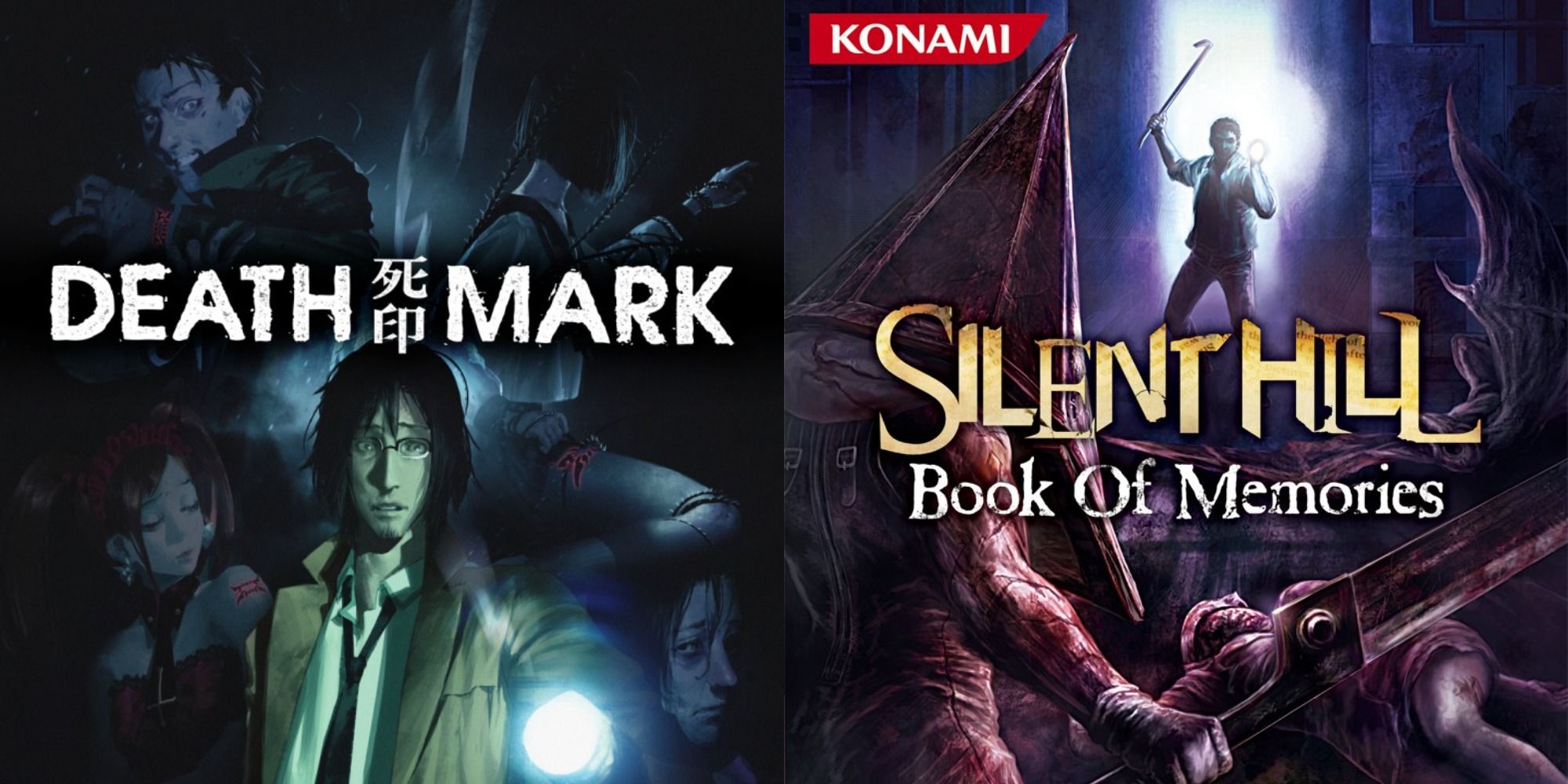 Split image showing covers for the games Spirit Hunter: Death Mark and Silent Hill: Book of Memories.