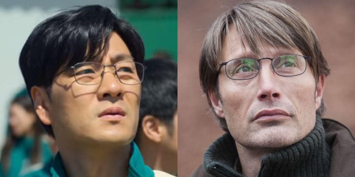 Park Hae Soo as Cho Sang-woo in Squid Game beside a picture of Mads Mikkelsen as Lucas in The Hunt 