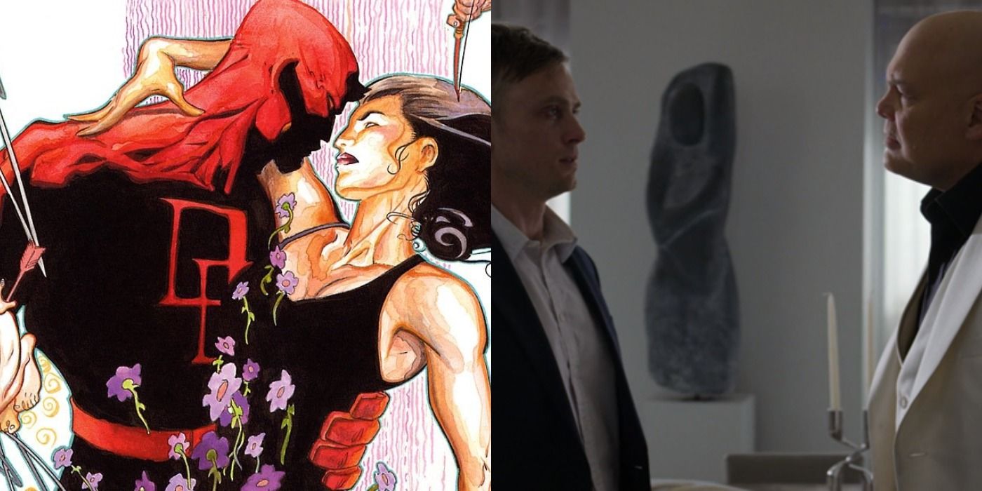 Split image of the cover art of Parts of a Hole and Bullseye with Kingpin in Daredevil season 3