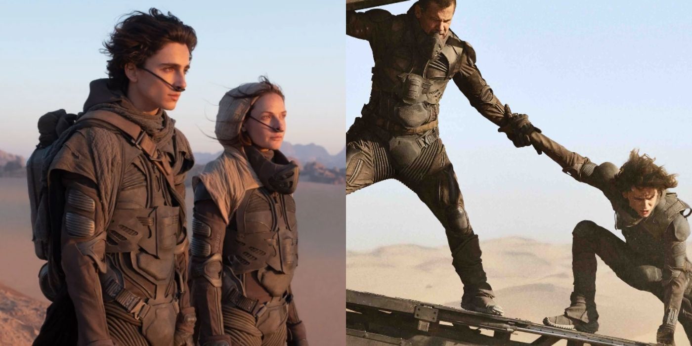 Split image of Paul and Lady Jessica and Gurney and Paul in Dune (2021)